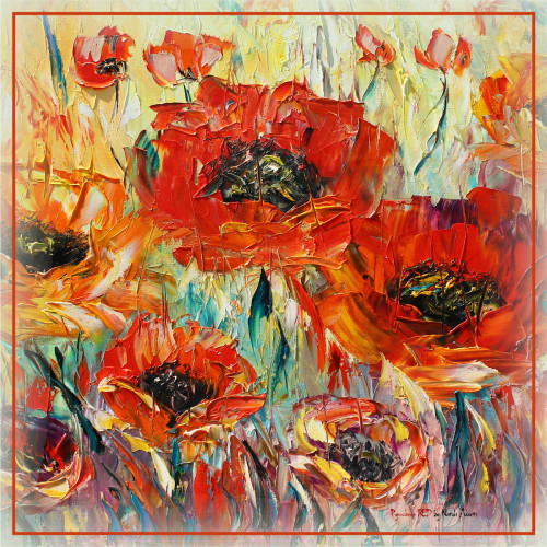 Платок-картина "Королевские маки". Шелк Армани 70х70 см.