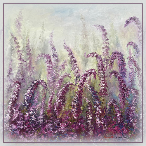 Платок-картина "Русская лаванда". Шелк Армани 70х70 см., ручная обработка края.